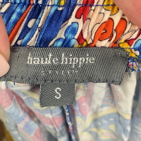 Haute Hippie Wide Leg Pants Womens Small Beige Blue Red Boho Print Pull On - Picture 4 of 8